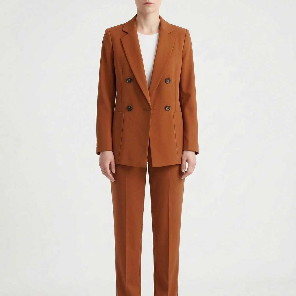 Fato pantalona feminino com blazer double-breasted e corte slim fit, conjunto formal elegante