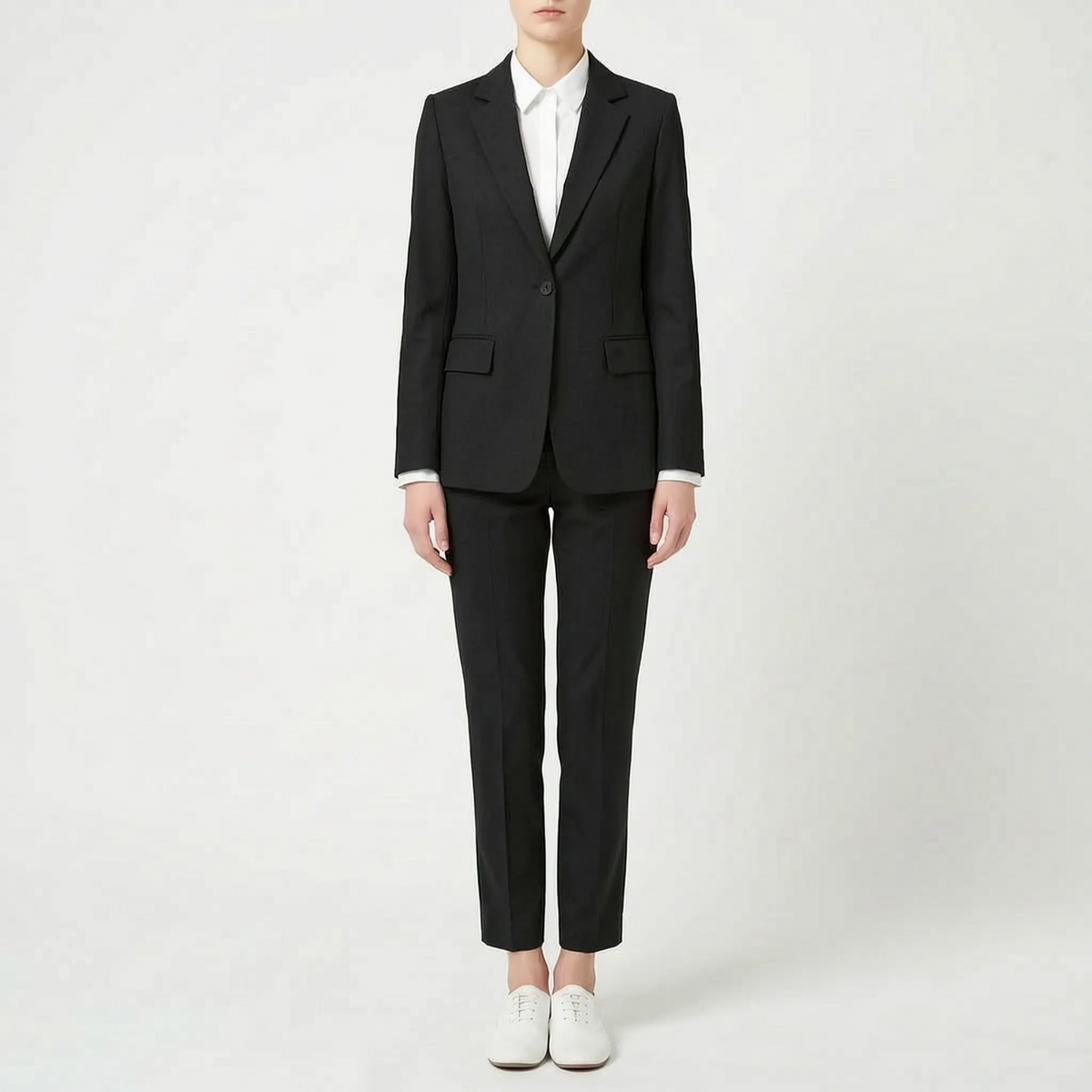 Fato de calças feminino 2 peças com blazer estruturado e lapela entalhada, corte profissional