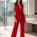 Fato de calças feminino conjunto 2 peças com cinto ajustável e decote em V