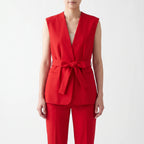 Fato de calças feminino conjunto 2 peças com cinto ajustável e decote em V