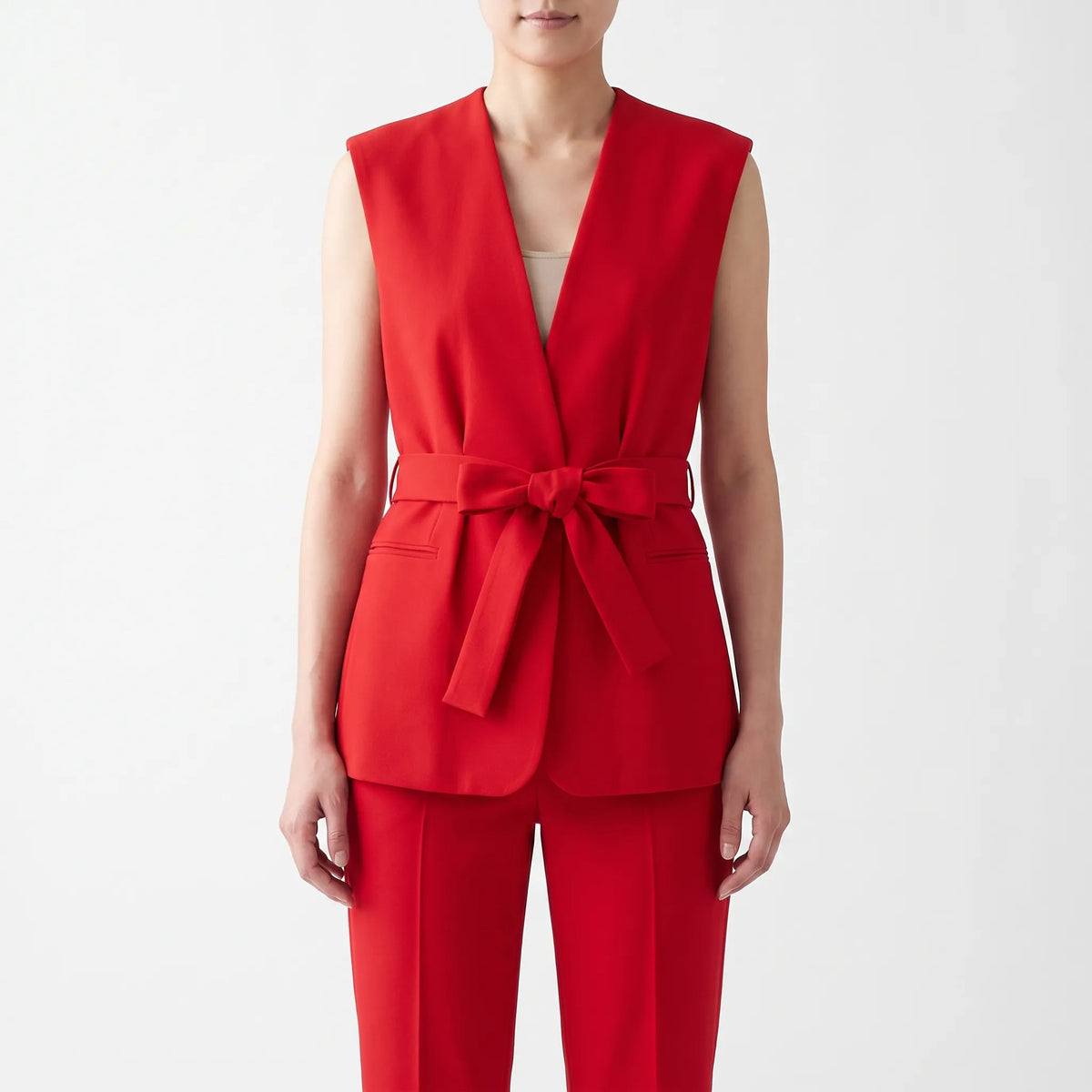 Fato de calças feminino conjunto 2 peças com cinto ajustável e decote em V