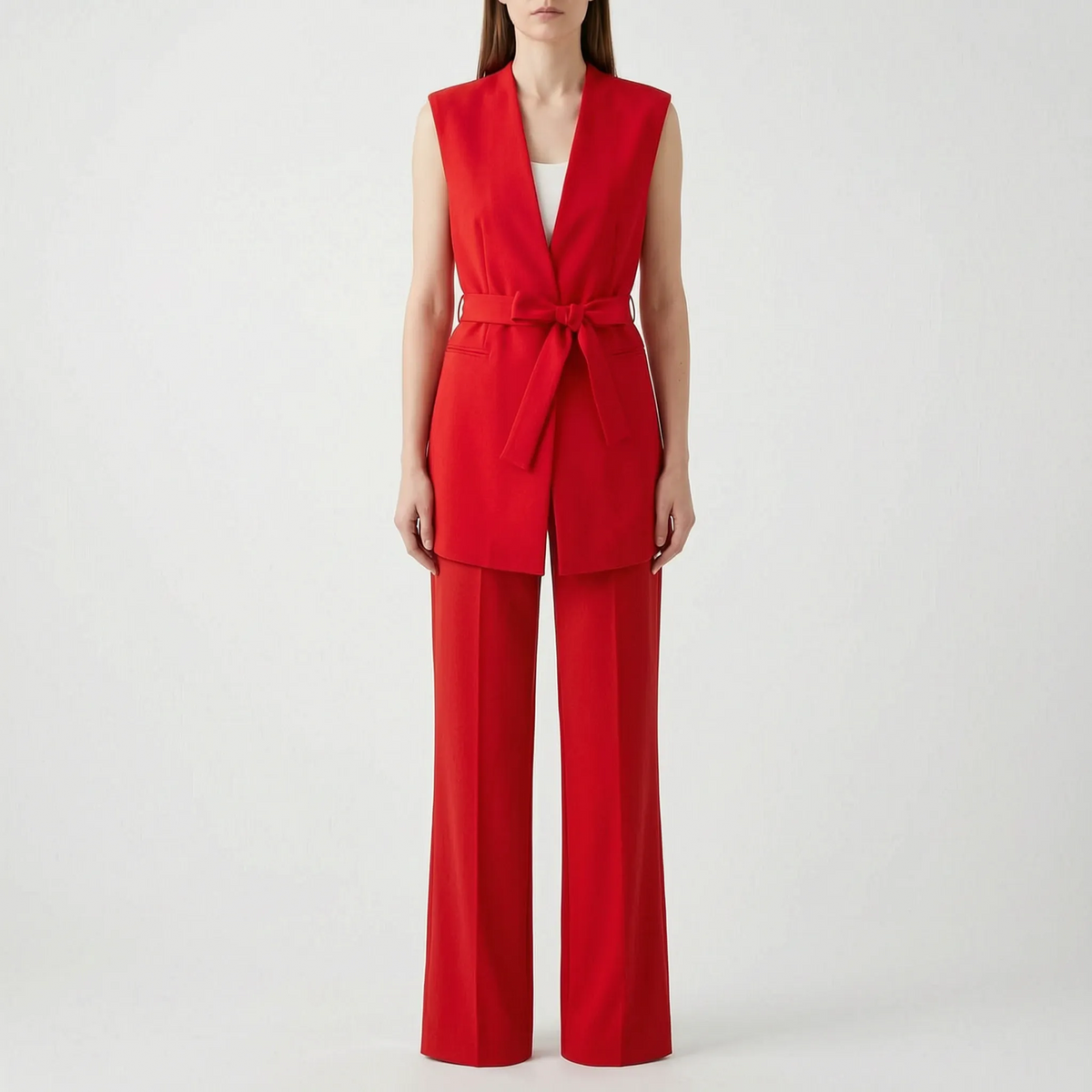 Fato de calças feminino conjunto 2 peças com cinto ajustável e decote em V