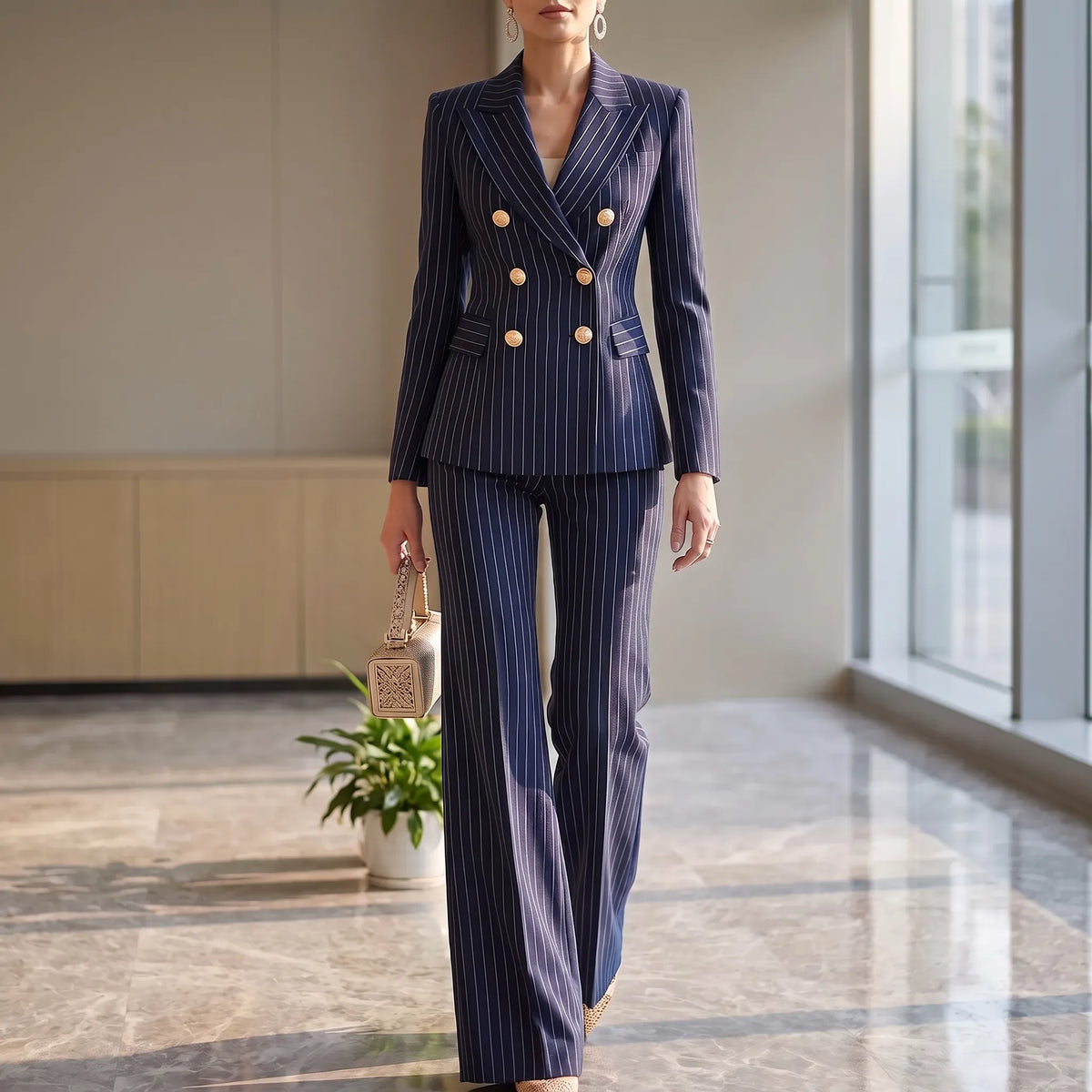 Fato pantalona feminino 2 peças com riscas clássicas, blazer e calça de pernas largas, cintura alta