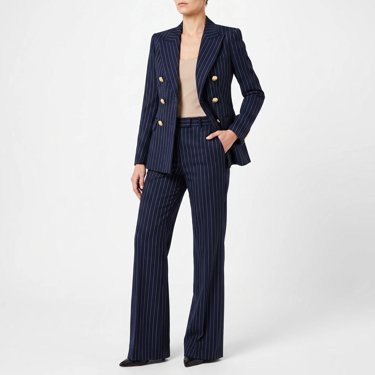 Fato pantalona feminino 2 peças com riscas clássicas, blazer e calça de pernas largas, cintura alta