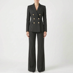 Fato pantalona feminino 2 peças com riscas clássicas, blazer e calça de pernas largas, cintura alta