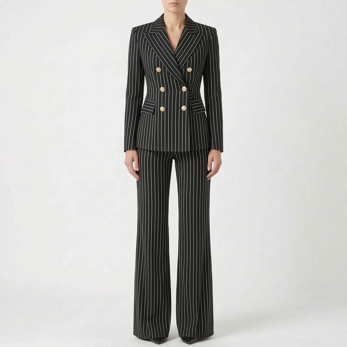 Fato pantalona feminino 2 peças com riscas clássicas, blazer e calça de pernas largas, cintura alta