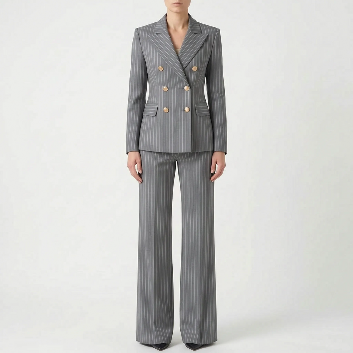 Fato pantalona feminino 2 peças com riscas clássicas, blazer e calça de pernas largas, cintura alta