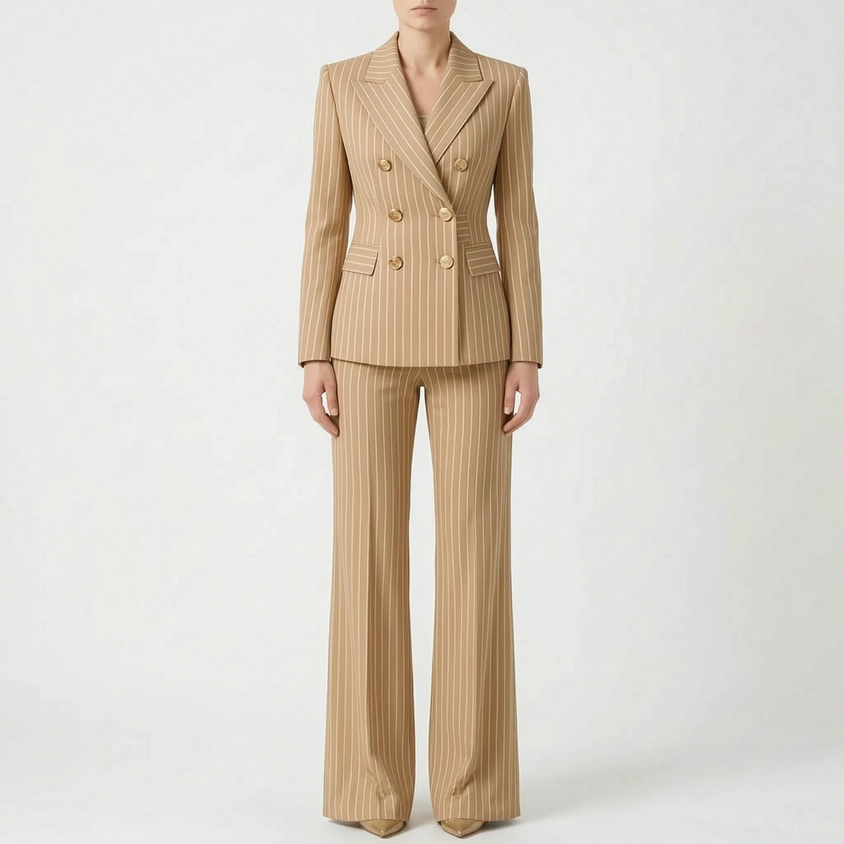 Fato pantalona feminino 2 peças com riscas clássicas, blazer e calça de pernas largas, cintura alta