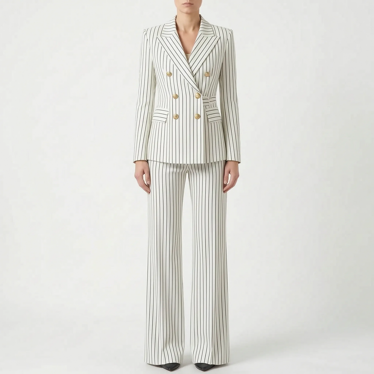 Fato pantalona feminino 2 peças com riscas clássicas, blazer e calça de pernas largas, cintura alta