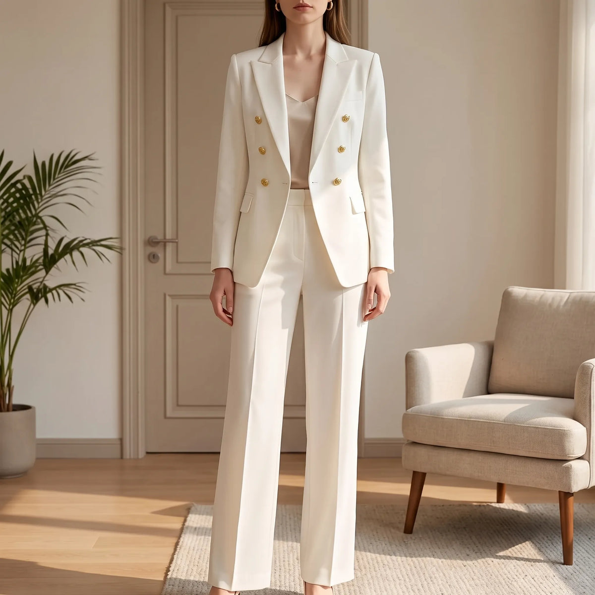 Conjunto feminino 2 peças blazer e calça com botões decorativos, corte estruturado elegante