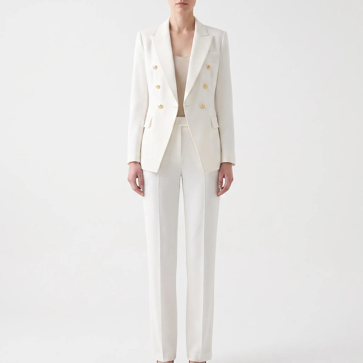 Conjunto feminino 2 peças blazer e calça com botões decorativos, corte estruturado elegante