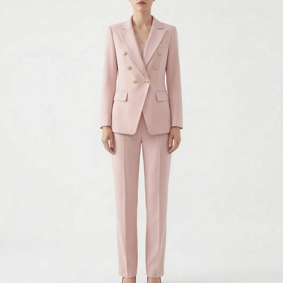 Conjunto feminino 2 peças blazer e calça com botões decorativos, corte estruturado elegante