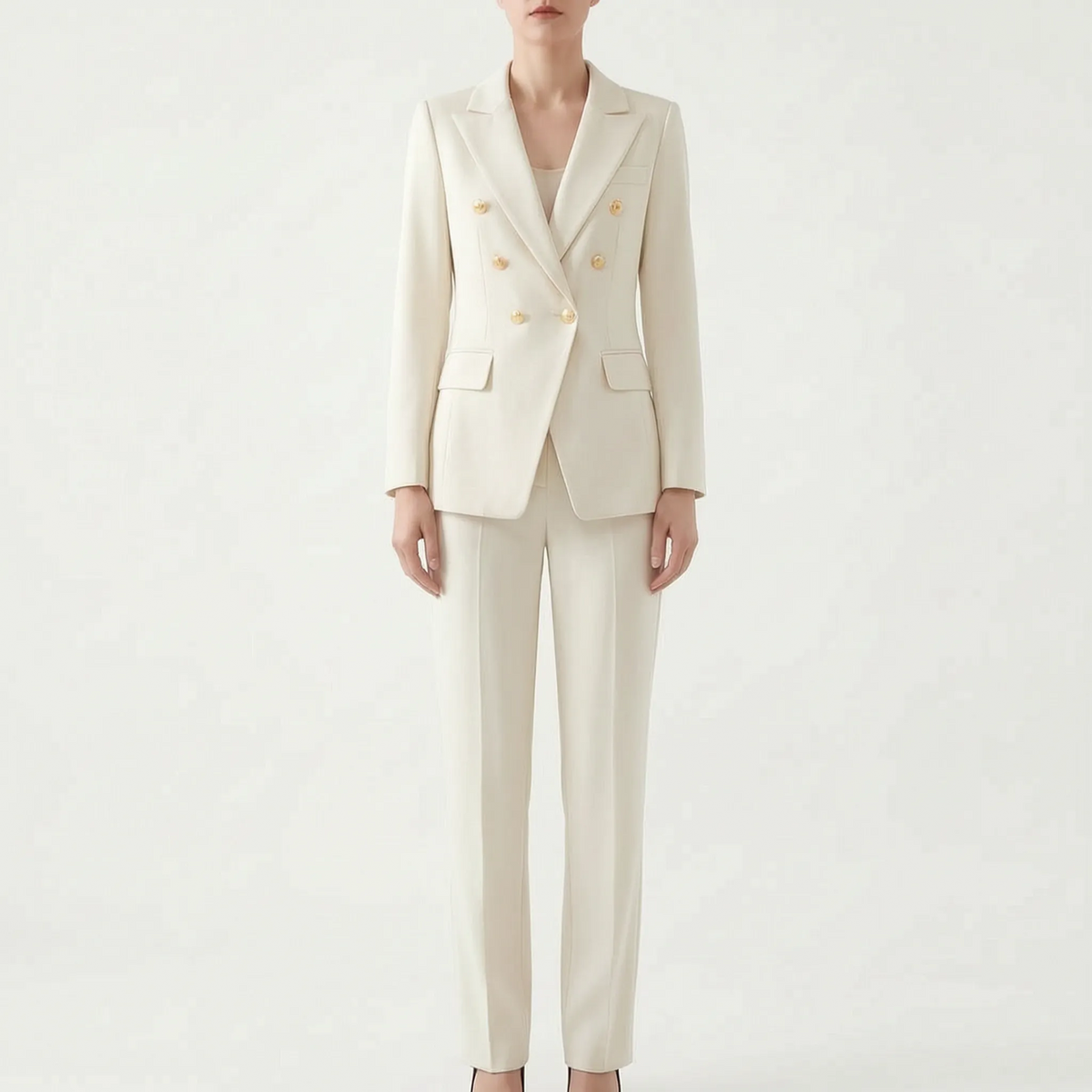 Conjunto feminino 2 peças blazer e calça com botões decorativos, corte estruturado elegante