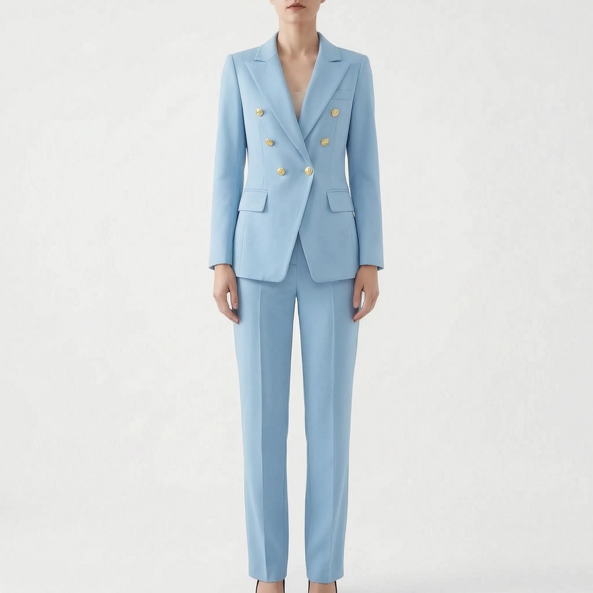 Conjunto feminino 2 peças blazer e calça com botões decorativos, corte estruturado elegante