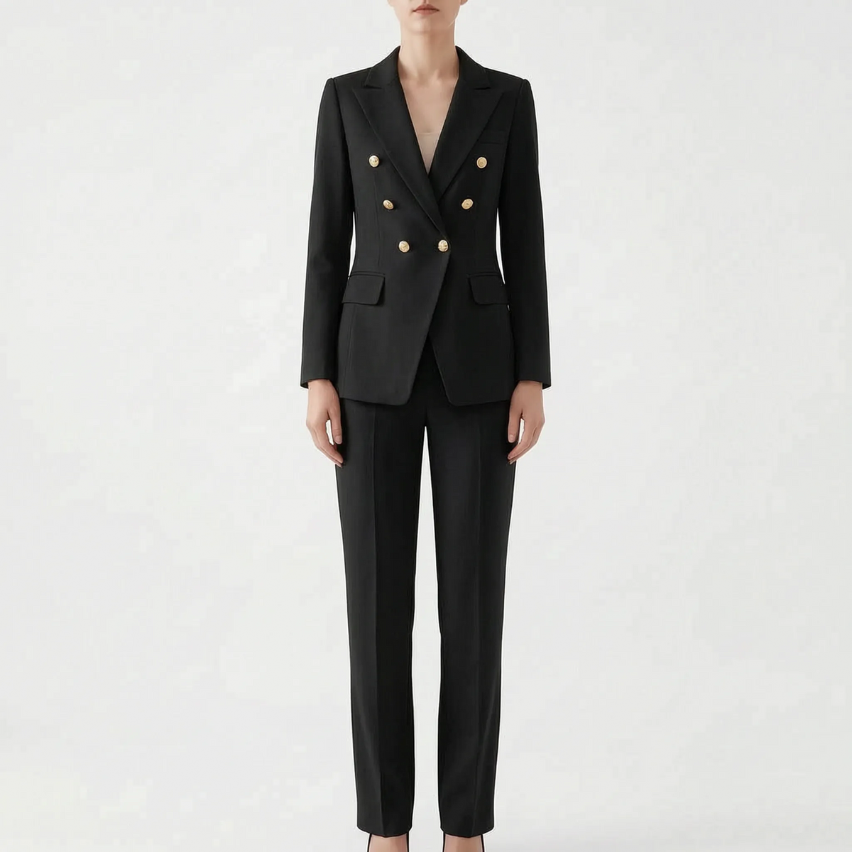 Conjunto feminino 2 peças blazer e calça com botões decorativos, corte estruturado elegante