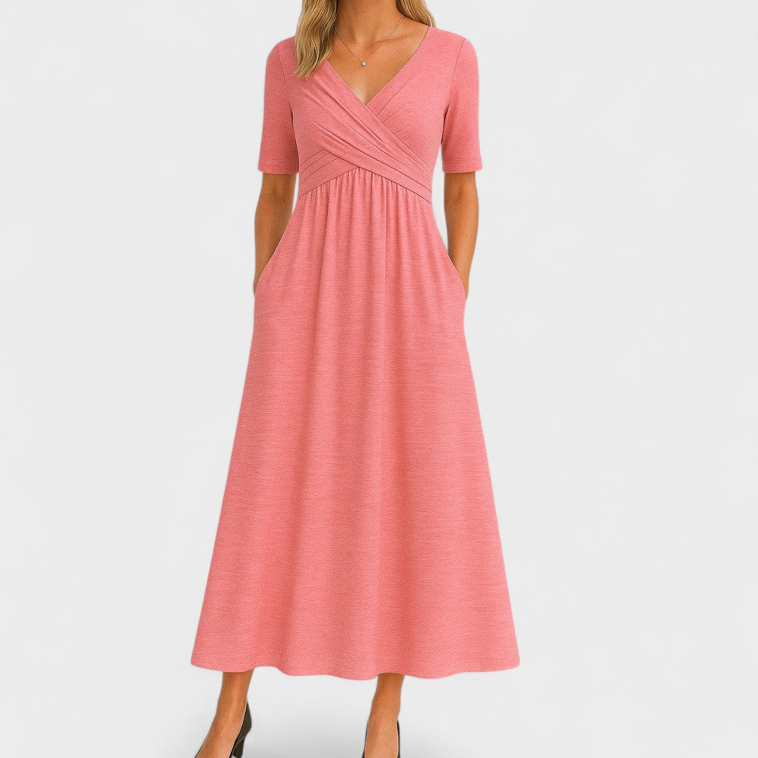 Vestido midi feminino decote V franzido com bolsos laterais e saia evasê