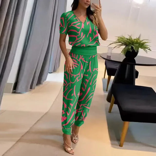 Conjunto feminino estampado floral calça e top casual coordenado