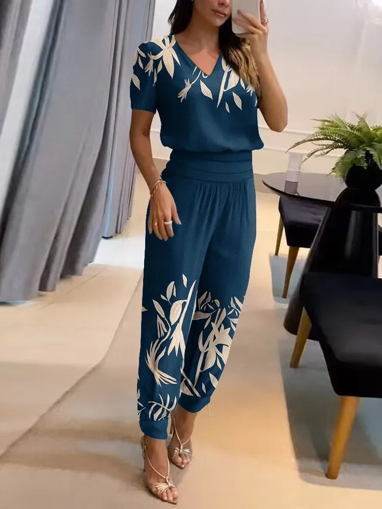 Conjunto feminino estampado floral calça e top casual coordenado