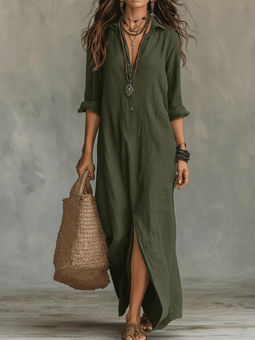 Vestido maxi feminino solto com gola estruturada e botões frontais