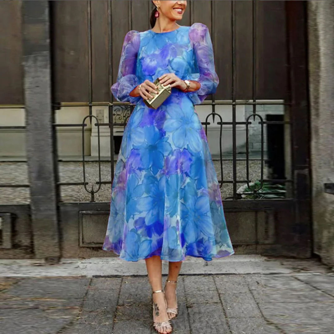 Vestido midi floral feminino para convidada de casamento silhueta fluida