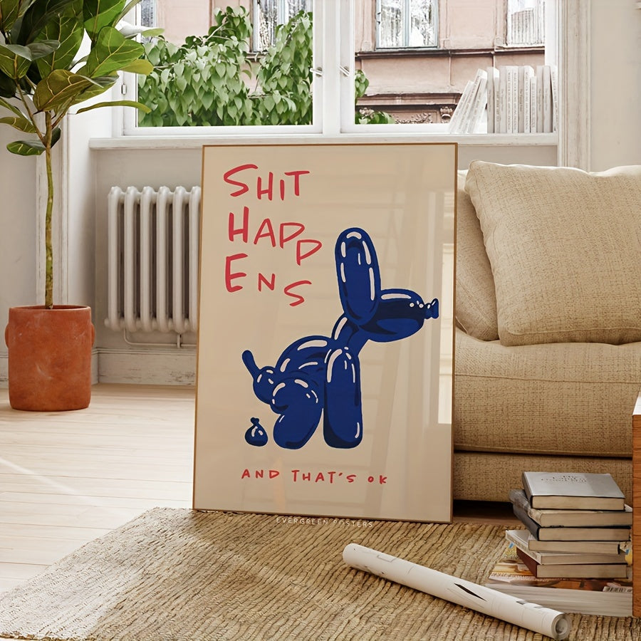 Poster em tela sem moldura com tipografia azul e vermelha e cão balão, estilo moderno