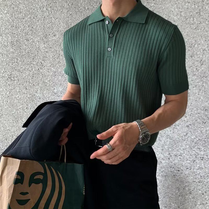 Polo masculina tricot algodão canelada com colarinho e botões manga curta