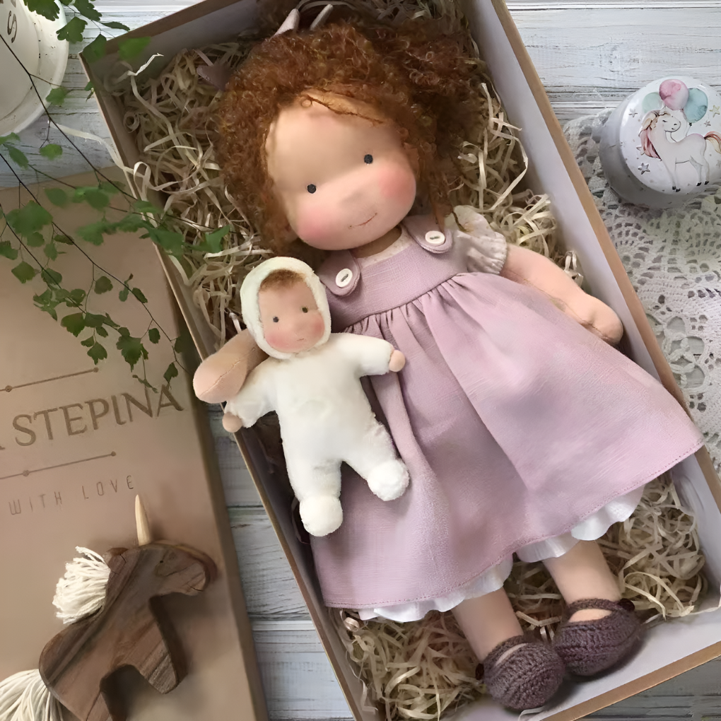 Boneca Waldorf artesanal em algodão e lã natural, suave, para bebés e crianças a partir dos 2 anos