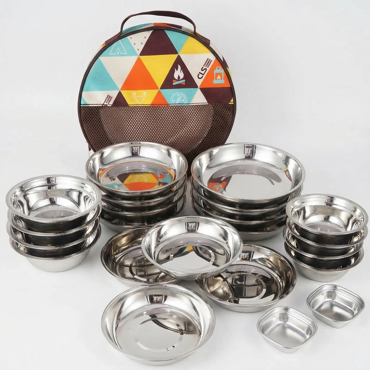 Conjunto de louça portátil para exterior 22 peças em metal polido com bolsa de transporte