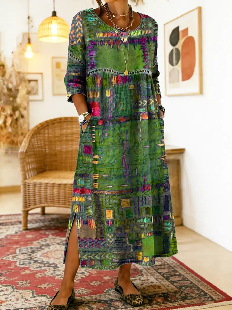 Vestido jeans feminino com patchwork étnico corte solto