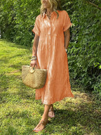 Vestido longo feminino maxi com botões frontais e mangas curtas