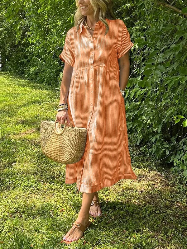 Vestido longo feminino maxi com botões frontais e mangas curtas