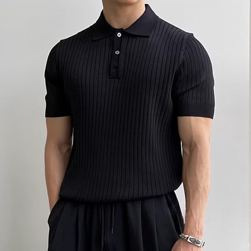 Polo masculina tricot algodão canelada com colarinho e botões manga curta
