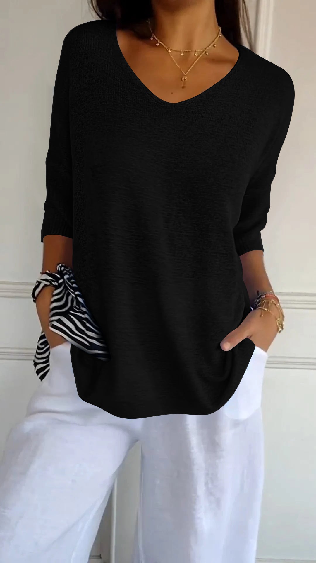 Top de tricot feminino com decote V liso em várias cores