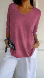 Top de tricot feminino com decote V liso em várias cores