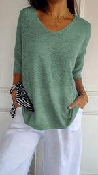 Top de tricot feminino com decote V liso em várias cores