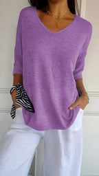 Top de tricot feminino com decote V liso em várias cores