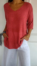 Top de tricot feminino com decote V liso em várias cores