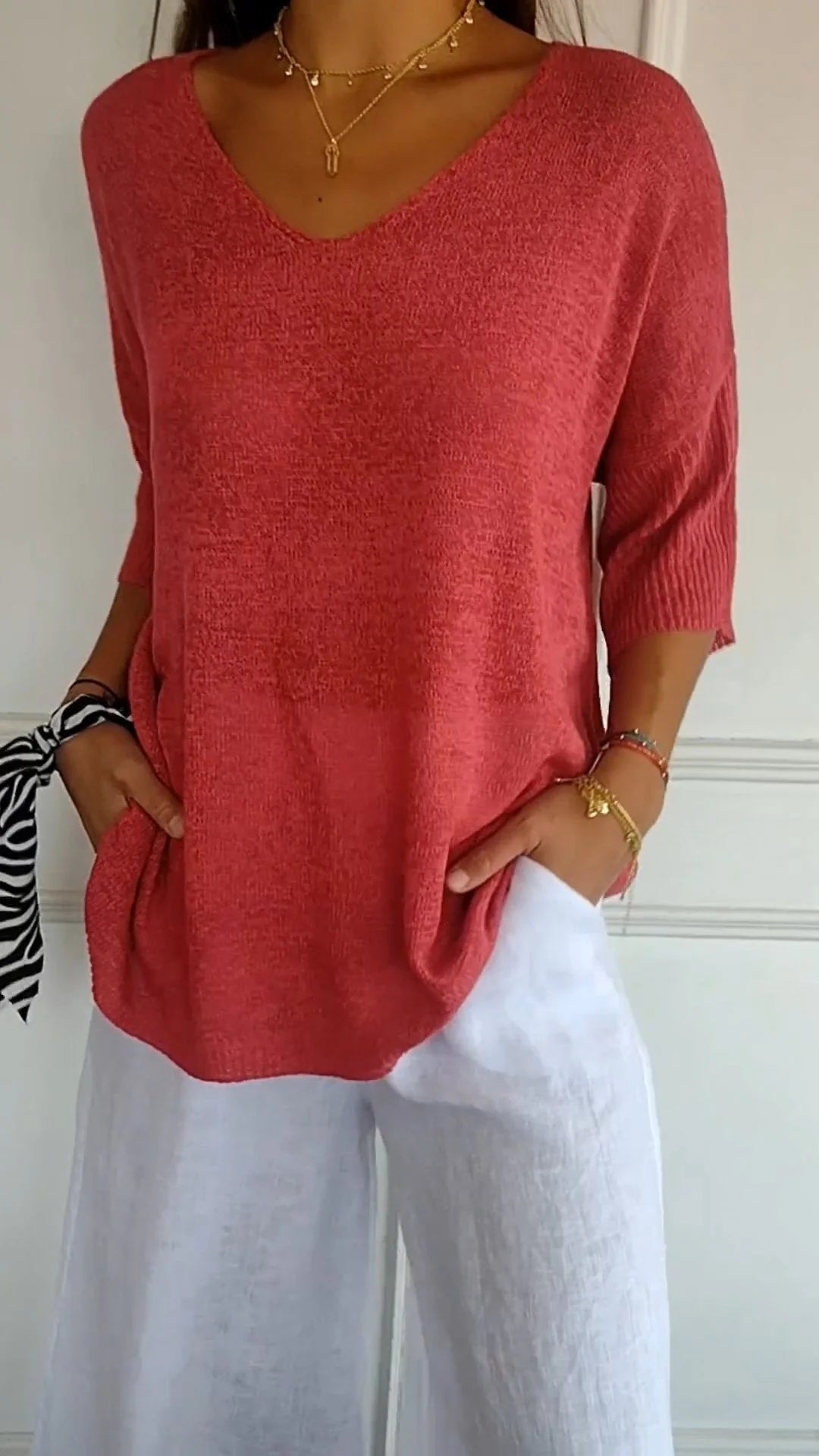 Top de tricot feminino com decote V liso em várias cores