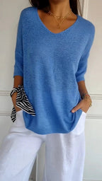 Top de tricot feminino com decote V liso em várias cores