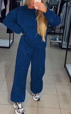 Conjunto loungewear feminino calça larga com detalhes strass corte relaxado