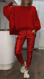 Conjunto feminino 2 peças sweatshirt oversized e calça de cetim casual
