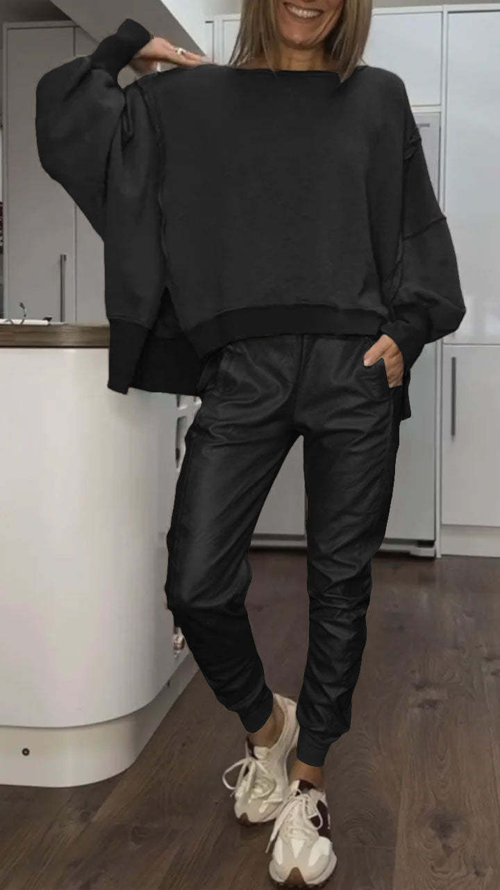Conjunto feminino 2 peças sweatshirt oversized e calça de cetim casual