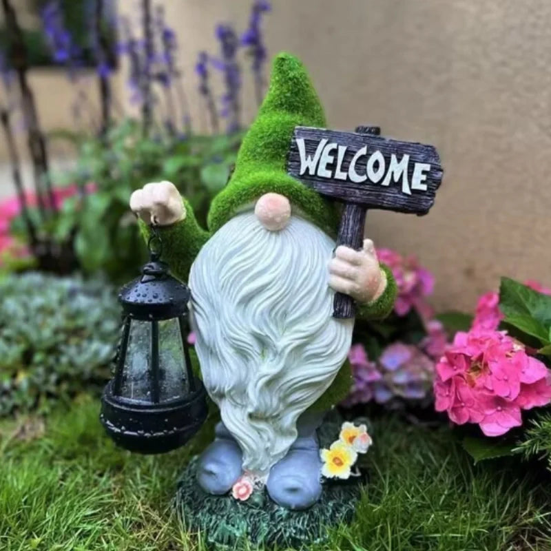 Gnomos Solares de Jardim em resina impermeável com luz LED branco quente e sensor de crepúsculo