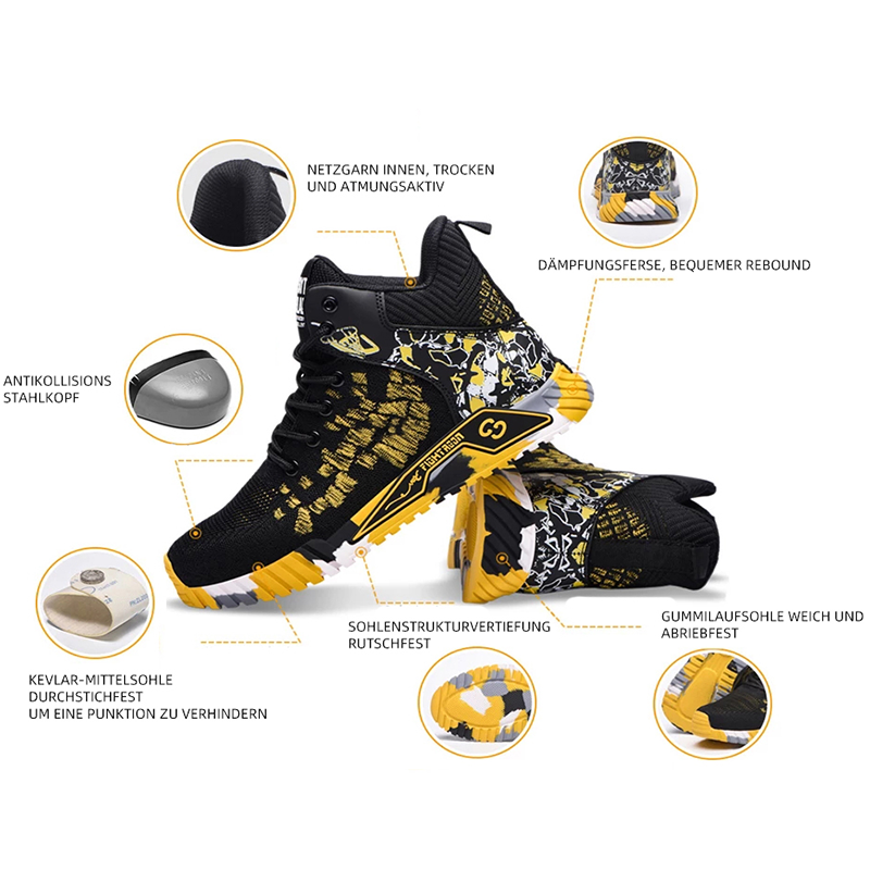 Sapatos de segurança com biqueira de aço e sola antiperforação Kevlar, leves e respiráveis