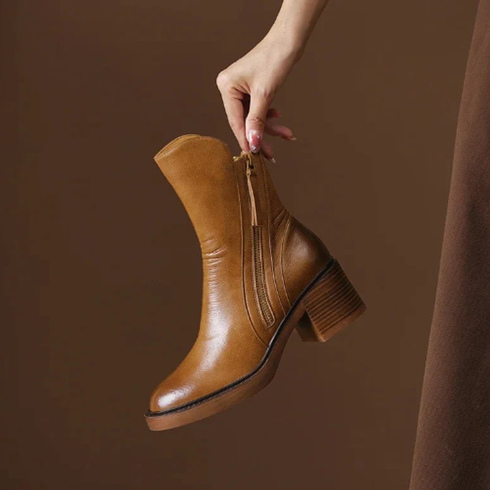 Botas ankle femininas de couro liso com salto bloco e zipper lateral
