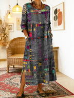 Vestido jeans feminino com patchwork étnico corte solto