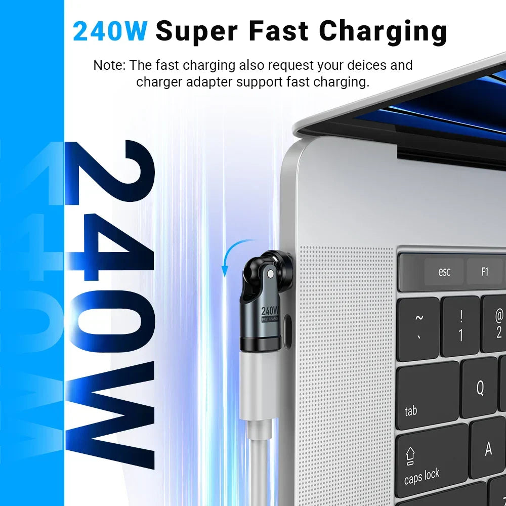 Adaptador USB-C 240W carregamento rápido com rotação 540°, compacto e universal