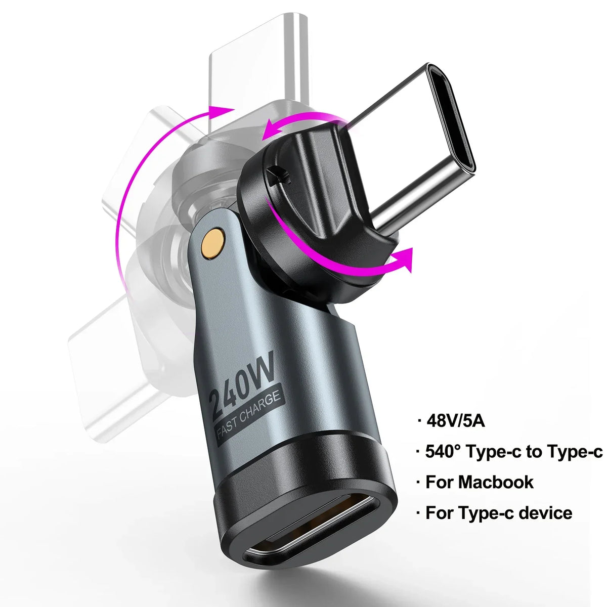 Adaptador USB-C 240W carregamento rápido com rotação 540°, compacto e universal