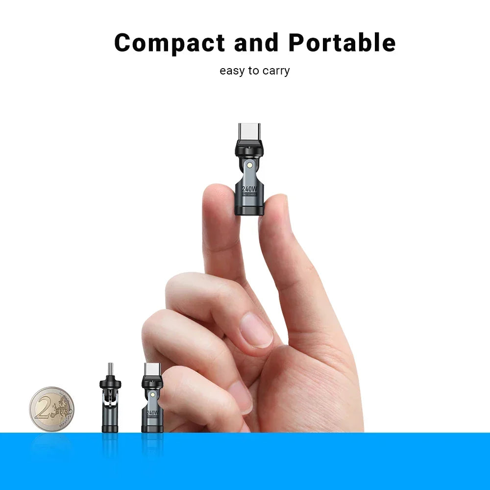 Adaptador USB-C 240W carregamento rápido com rotação 540°, compacto e universal