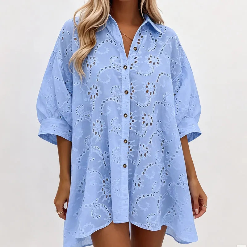 Vestido bordado com botões oversized feminino midi